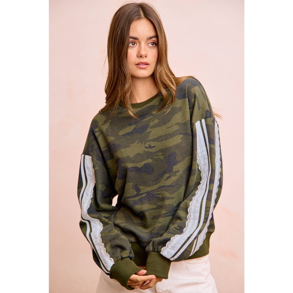CAMOUFLAGE FRENCH TERRY LACE SWEATSHIRT TOP
