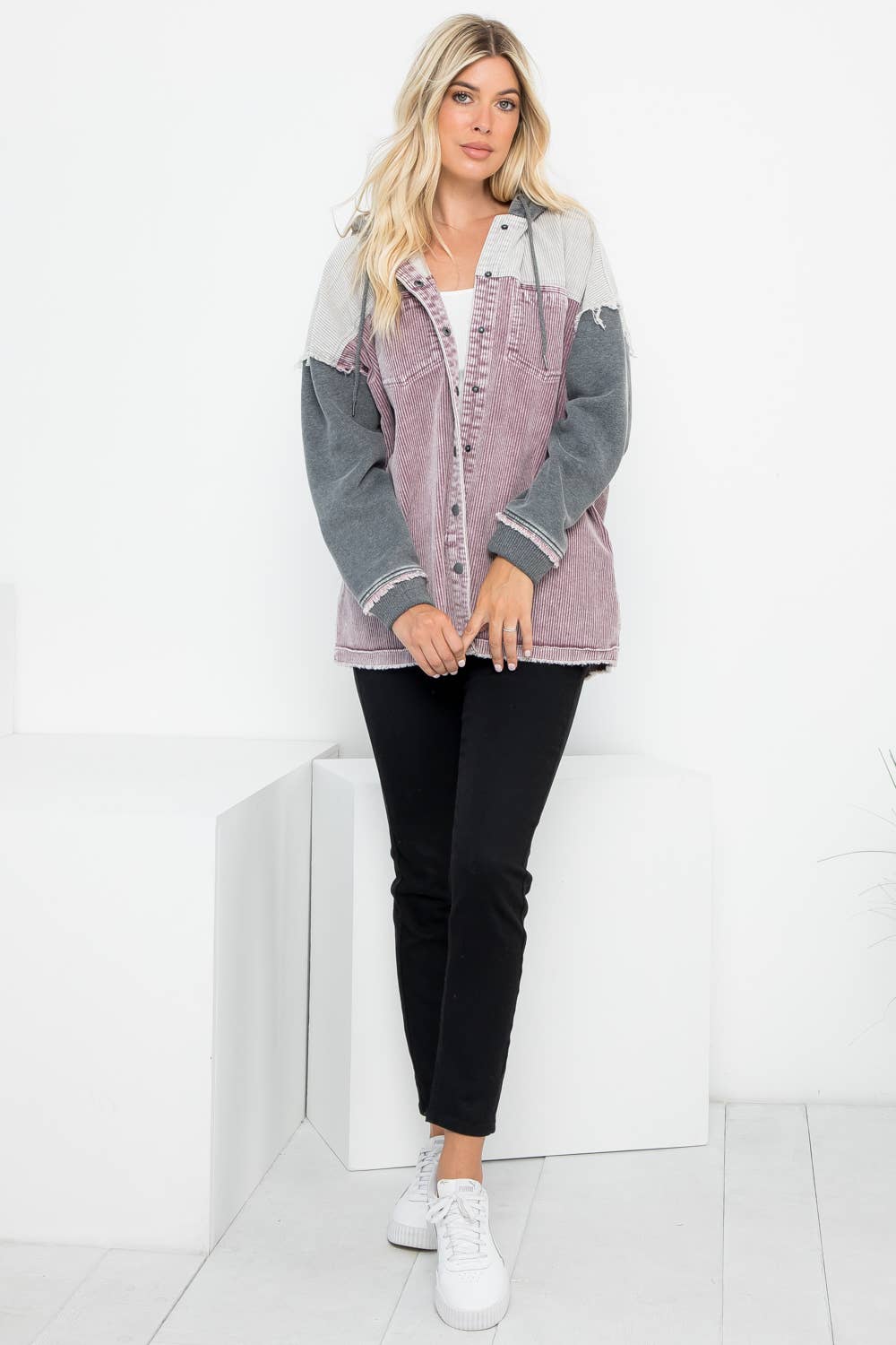 Washed Color Block Hooded Shacket