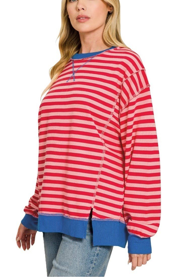 French Terry Striped Long Sleeve Pullover