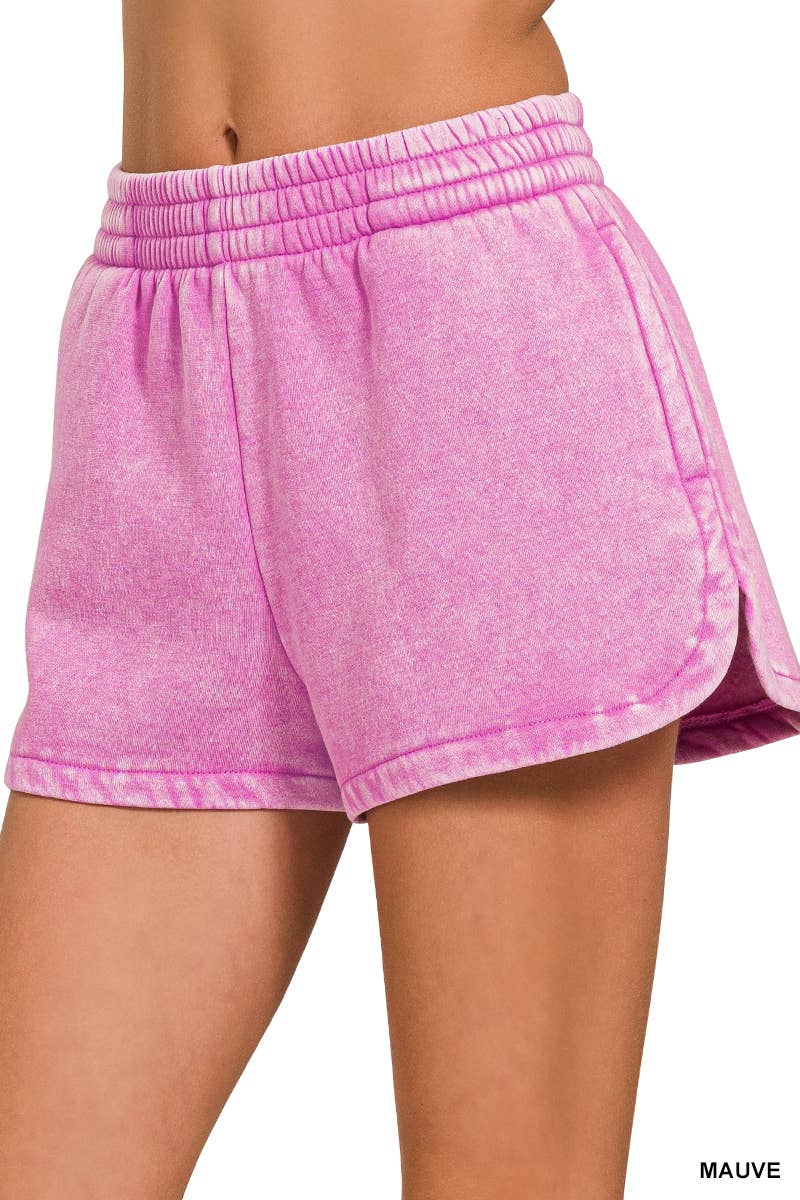 .Acid Wash Elastic Waistband Fleece Shorts