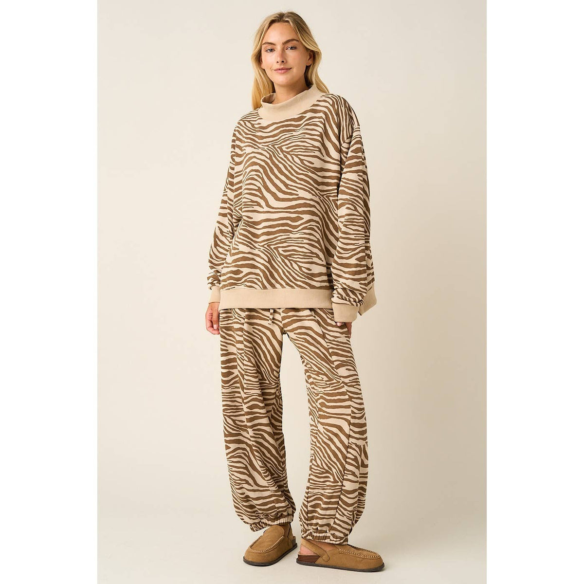 ZEBRA PRINT RELAXED FIT BARREL LEG PANTS
