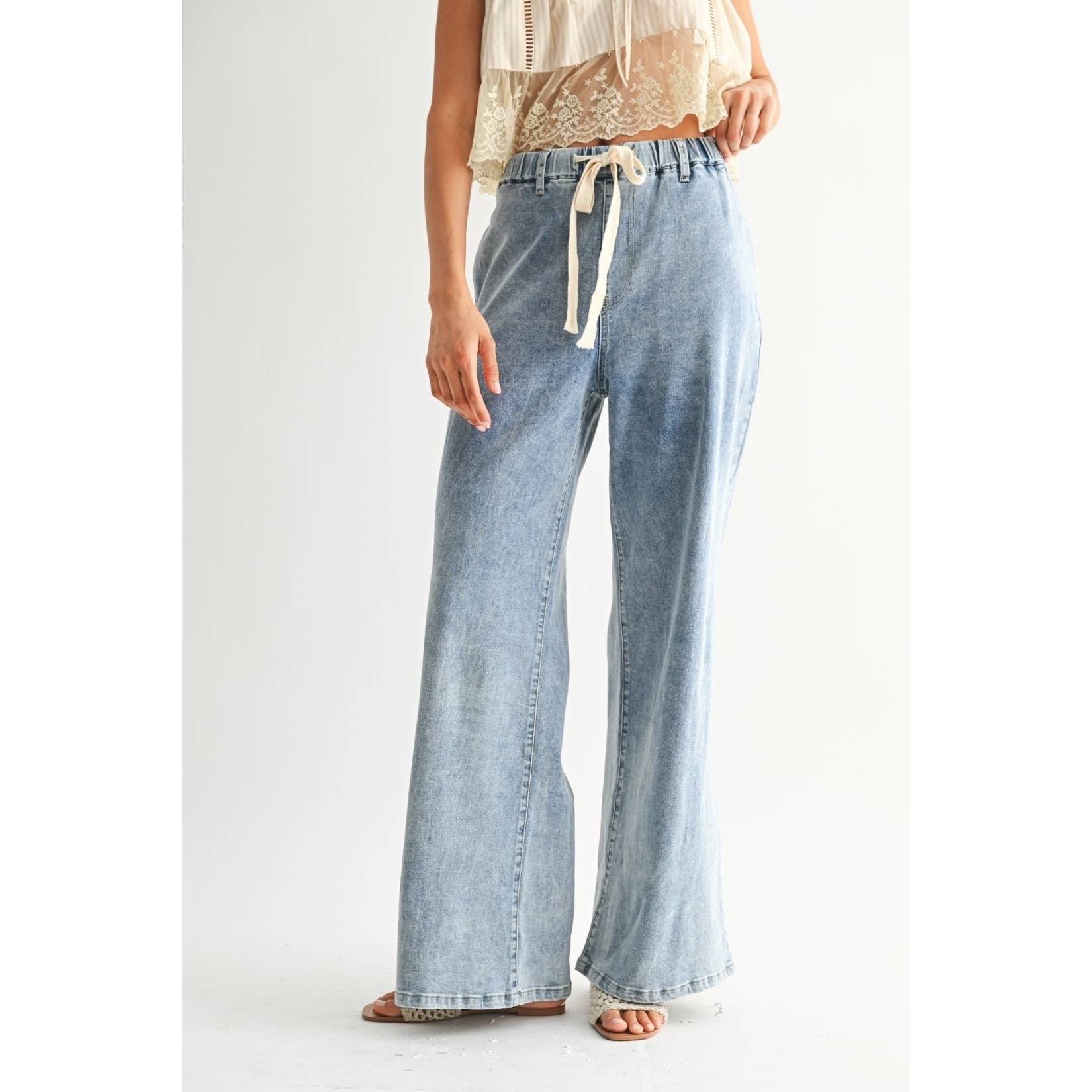 Wide-leg Denim Trousers With Twill Tape Drawstring