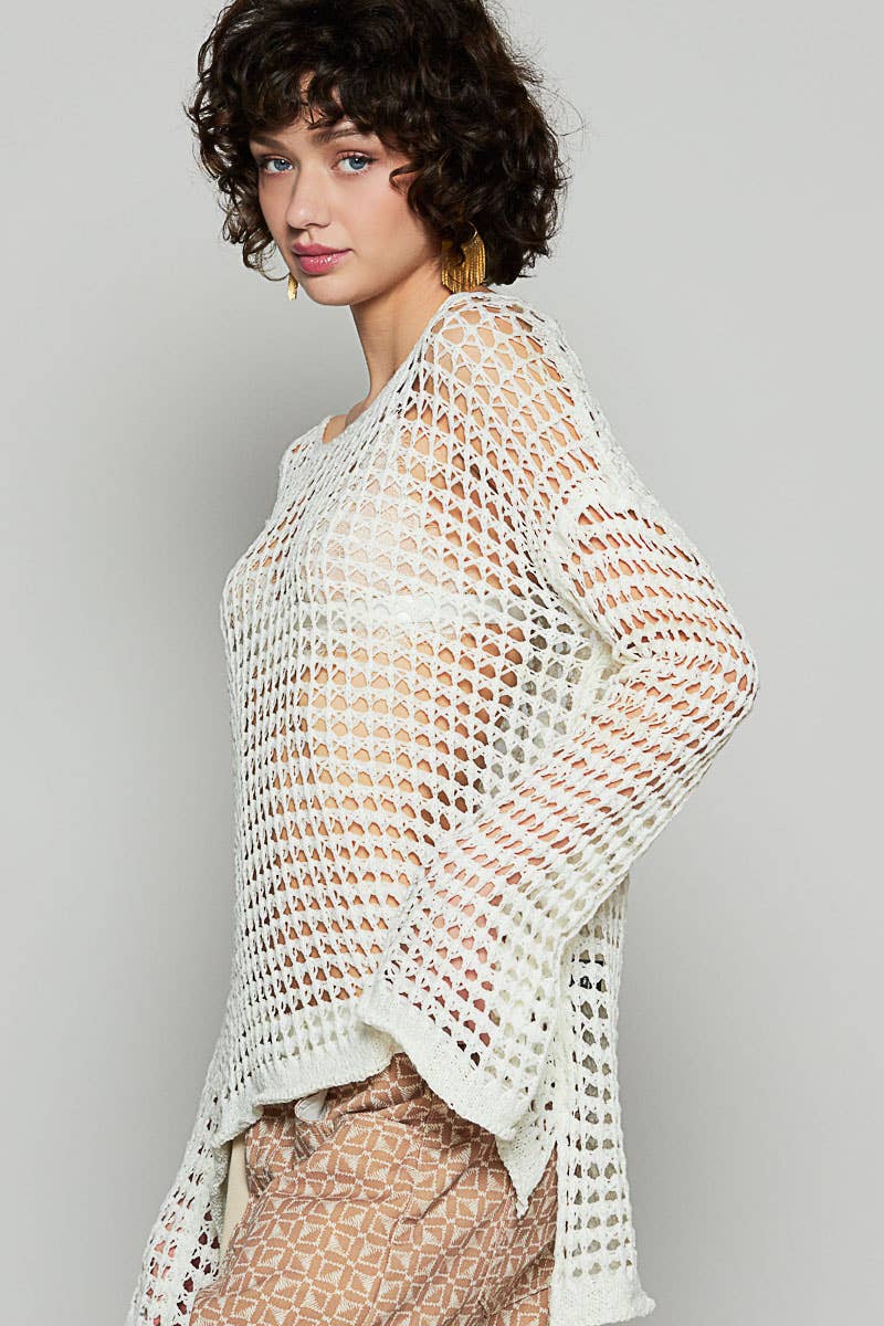Dropped Shoulder Open Knit Boat Neck Sweater