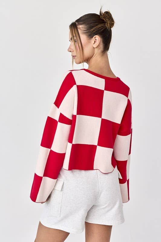 Sarah Round Neck Checkered LS Top