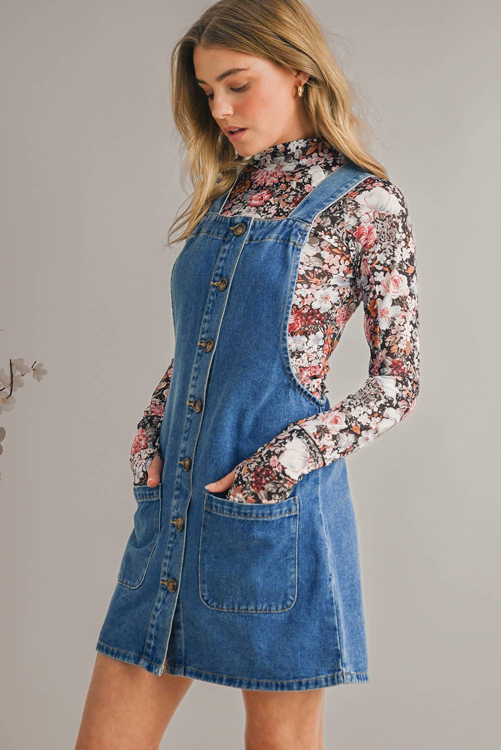 Grace Strap Button Front PocketS Denim Mini Dress