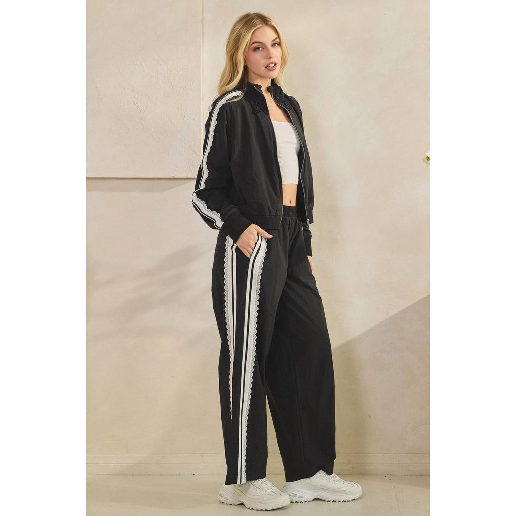 Stripe Nylon Pants with Lace Details