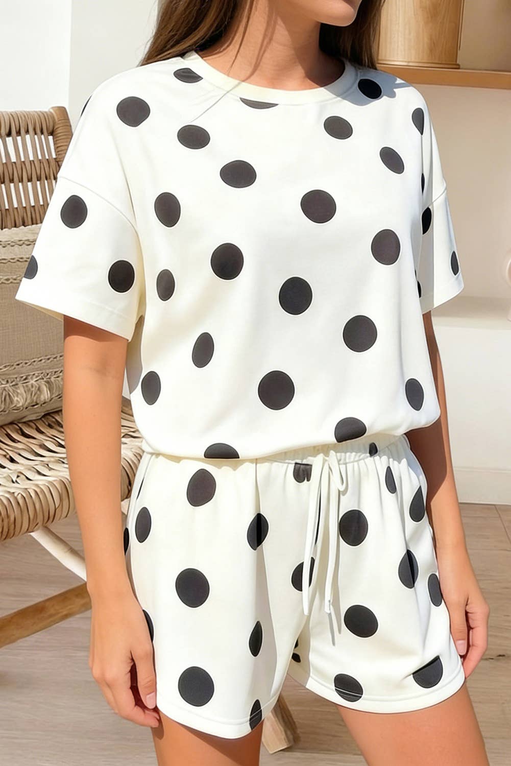 Polka Dot Print Tee and Drawstring Shorts Set