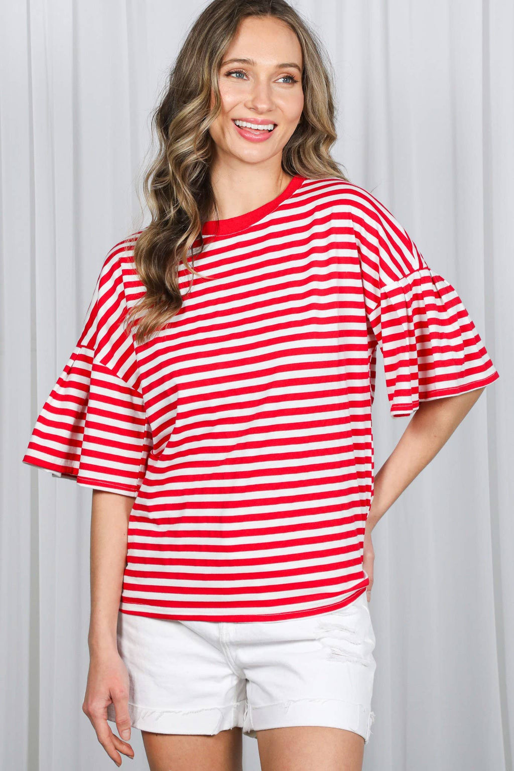 Pleated Flutter Sleeve Crew Neck Striped Knit Top