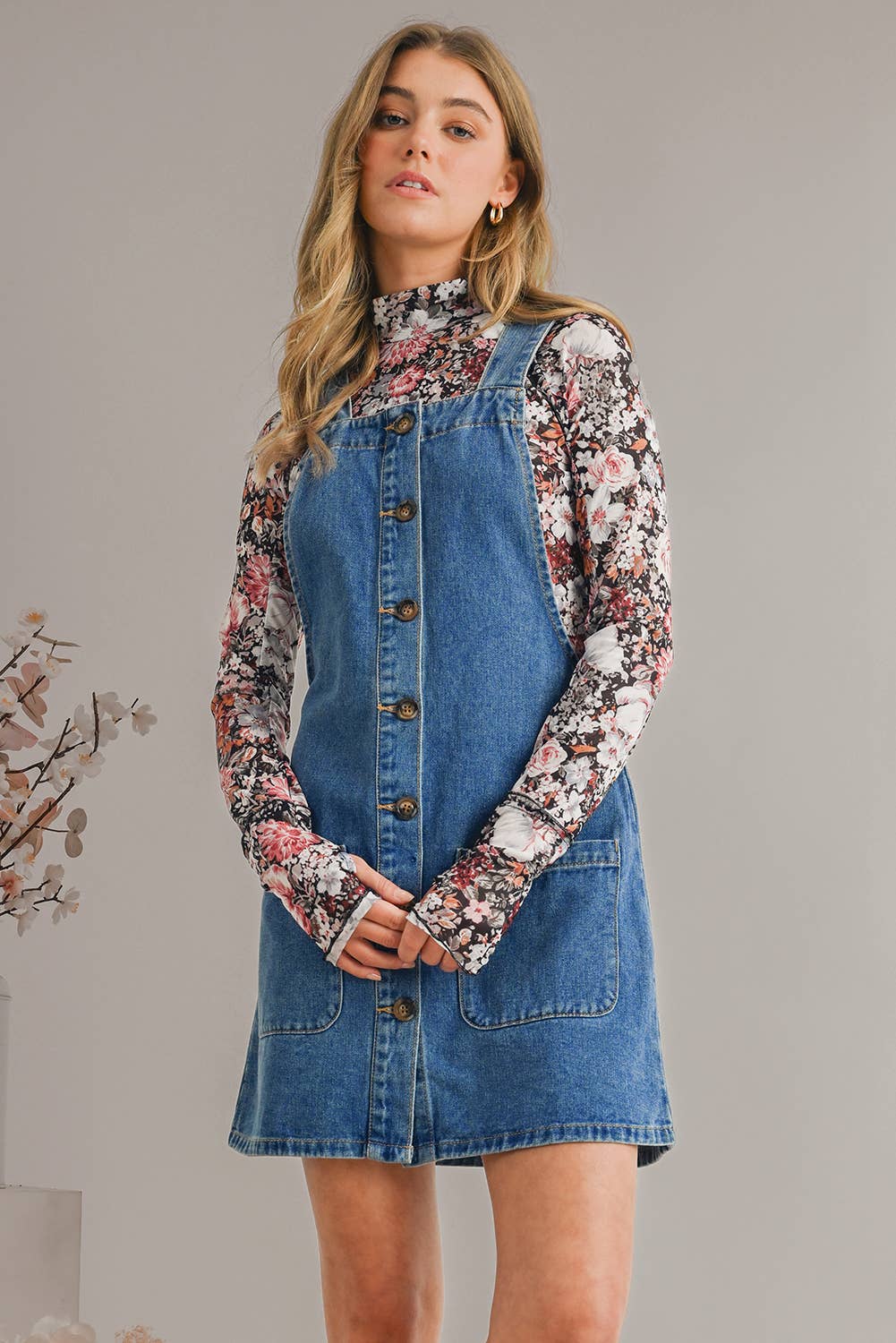 Grace Strap Button Front PocketS Denim Mini Dress