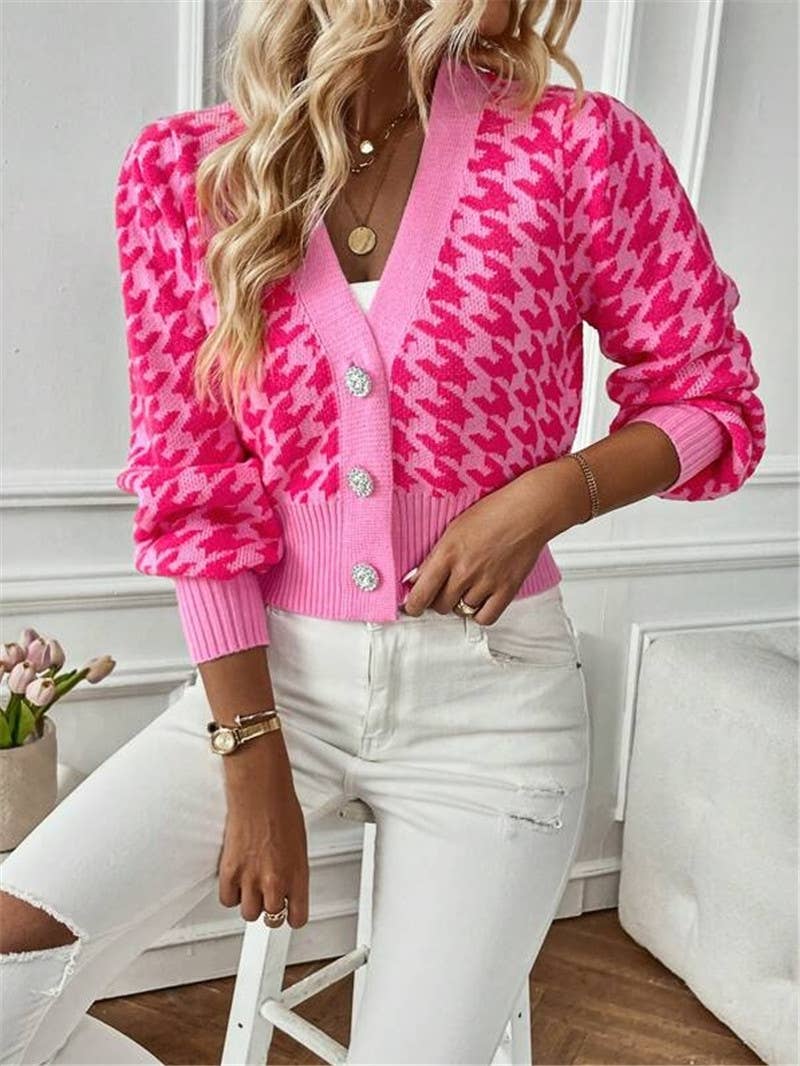 Houndstooth v-neck cropped knit Cardigan