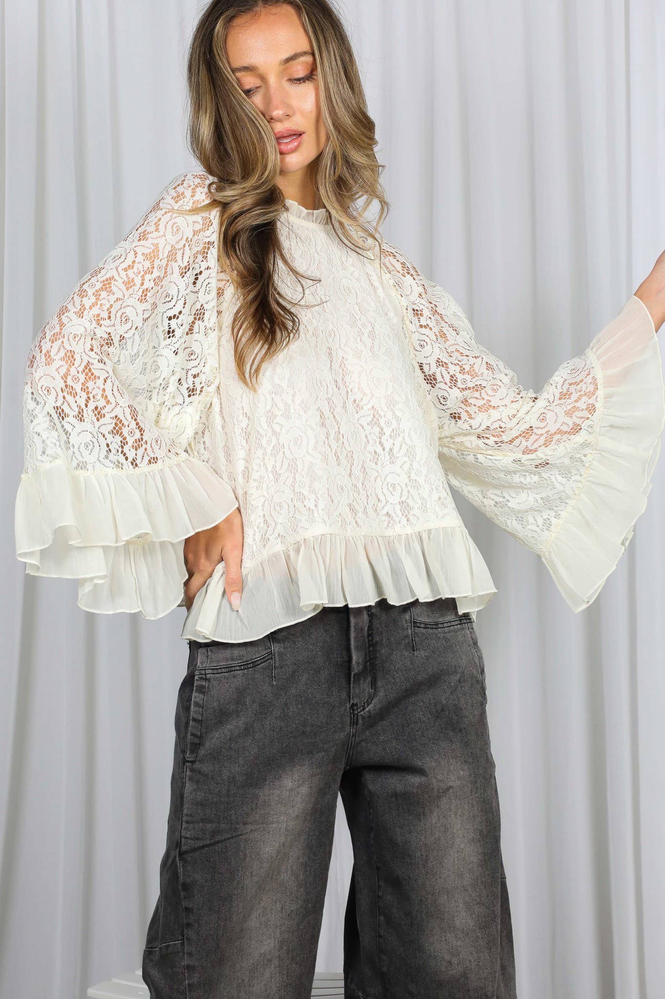 Ruffle Neck & Hem Bell Sleeve Loose Lace Blouse Top