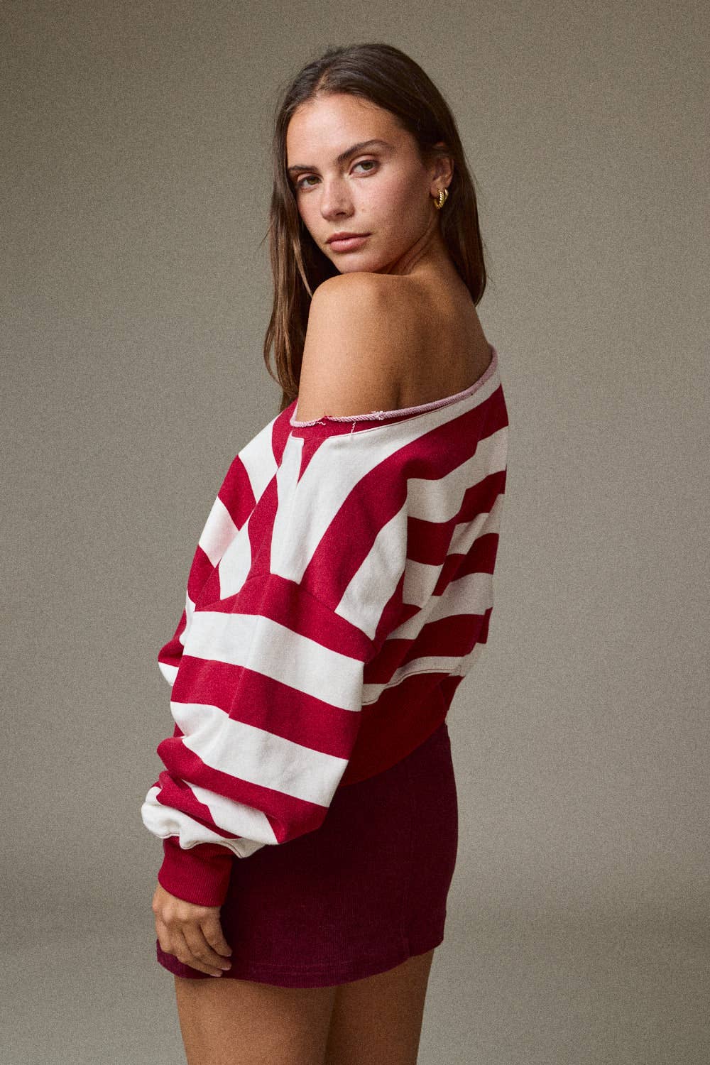 Off-shoulder Rugby Stripe Cropped Sweatshirt