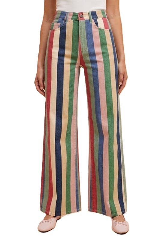 Comfort Stretch Multi Stripe Retro Inspired Wide Leg Pants