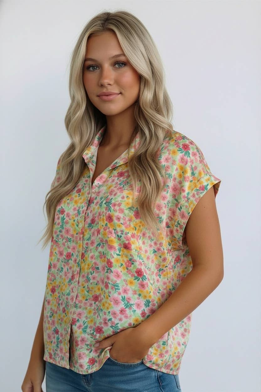 COLLAR BUTTON UP SHORT SLEEVE FLORAL RPINT SHIRT
