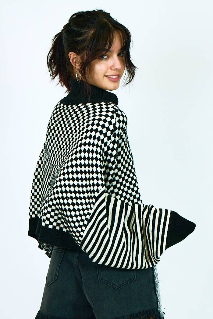 COLOR COMBO HIGH NECK KNIT SWEATER