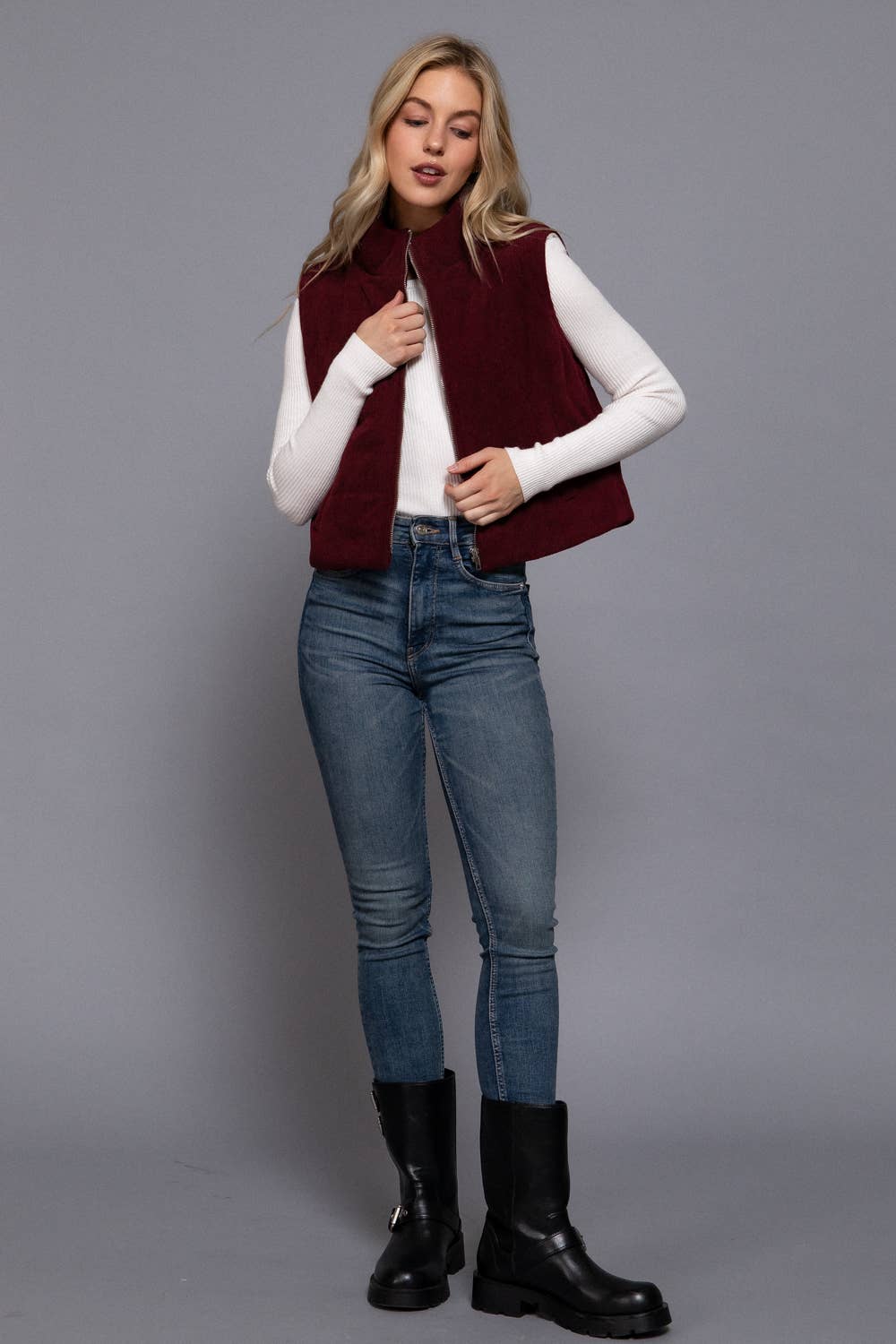 High Neck Inner Faux Fur Zip Up Corduroy Puffer Vest