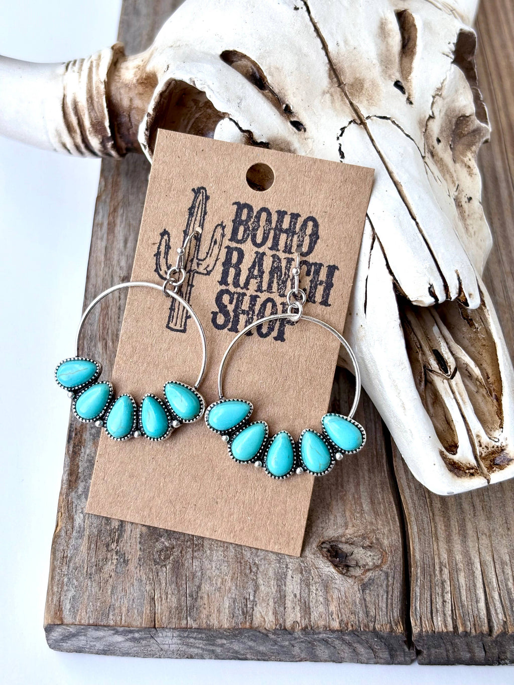 Western Teardrop Stone Hoop Dangle Drop Earrings