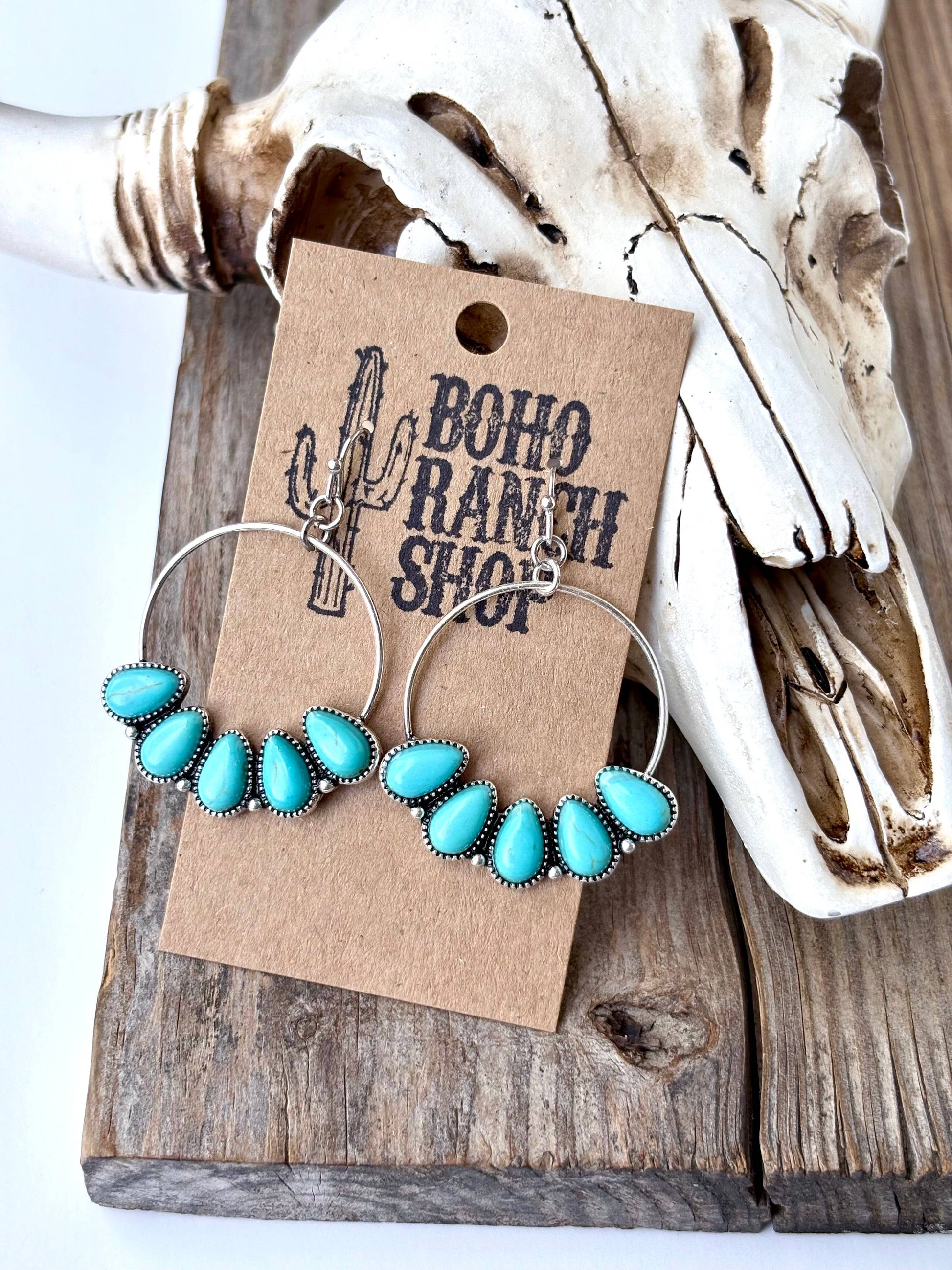 Western Teardrop Stone Hoop Dangle Drop Earrings