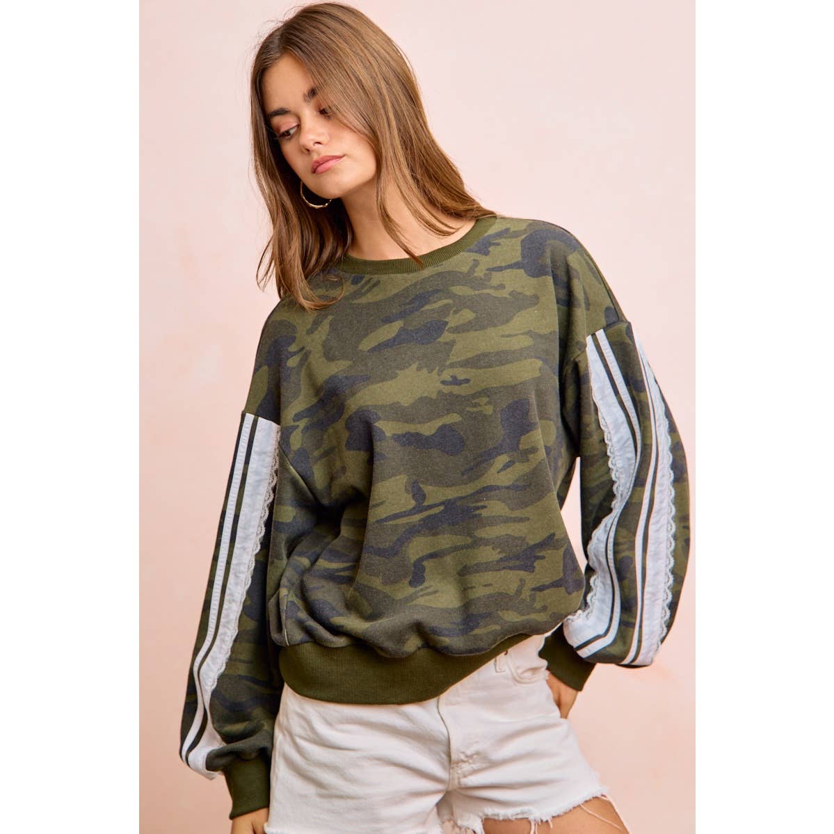 CAMOUFLAGE FRENCH TERRY LACE SWEATSHIRT TOP