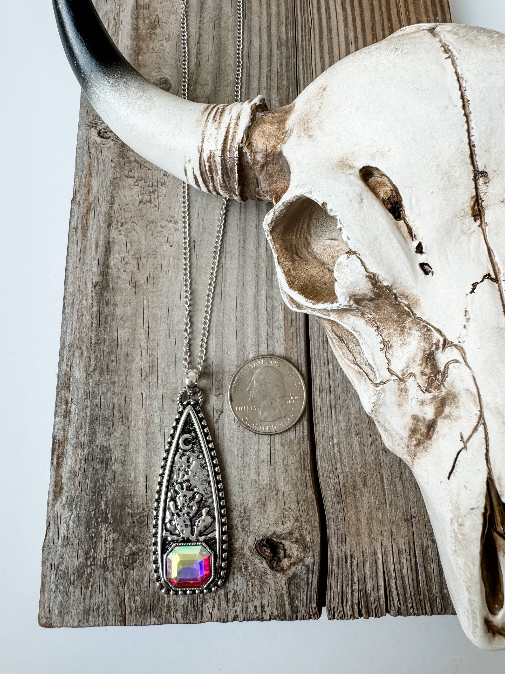 Western Cactus Pendant Rhinestone Necklace