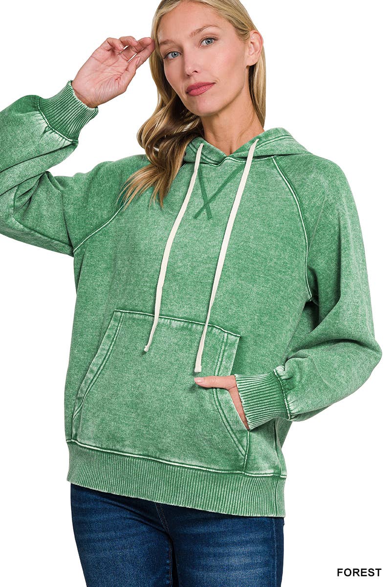 Acid Wash Fleece Hoodie With Pockets