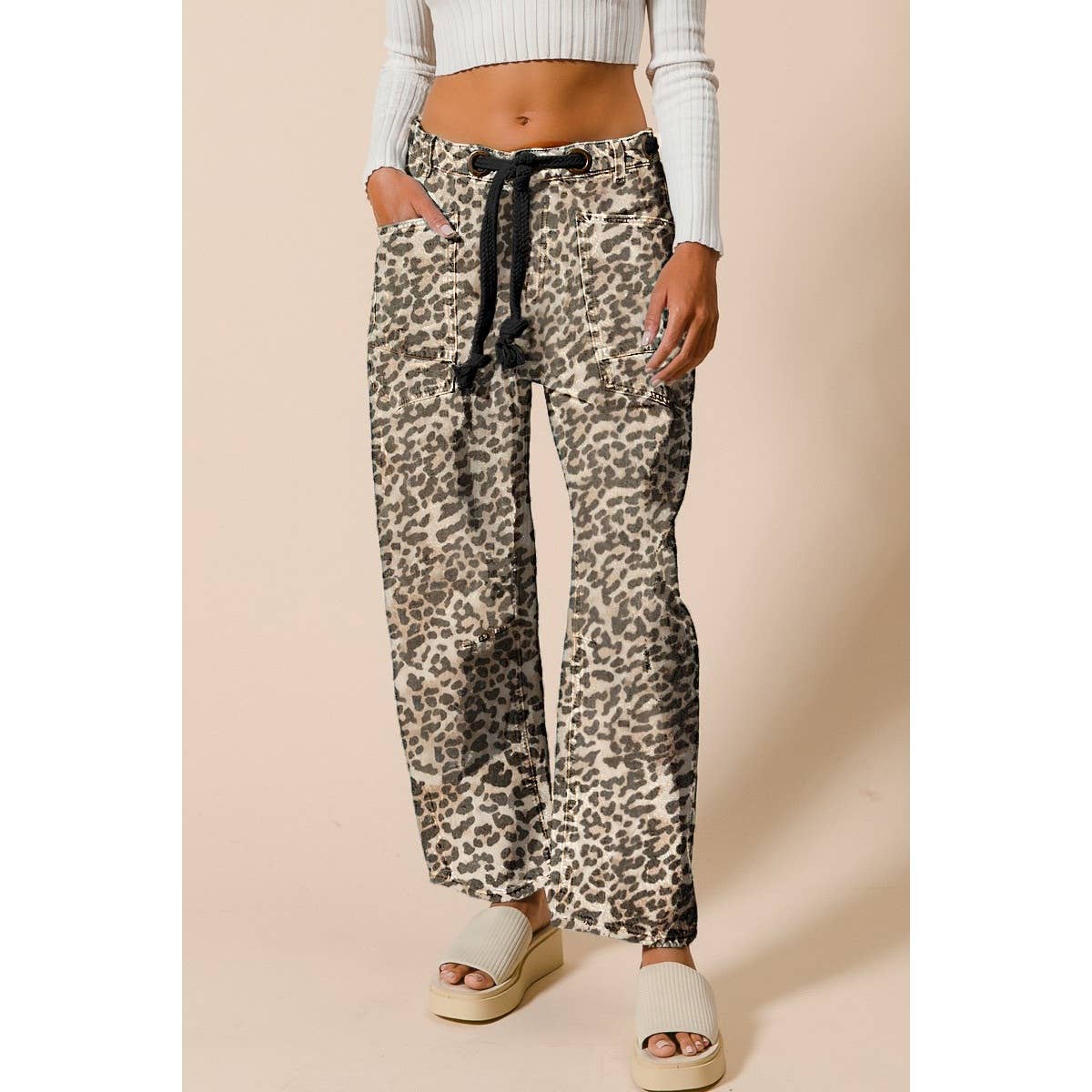 BRAIDED WAIST BELT PATCH LEOPARD PRINT PANTS