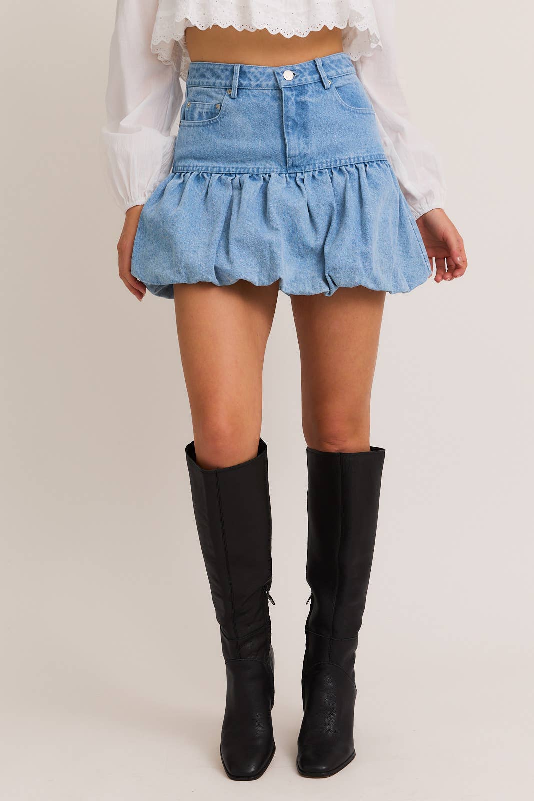 PUFF HEM DENIM MINI SKIRT