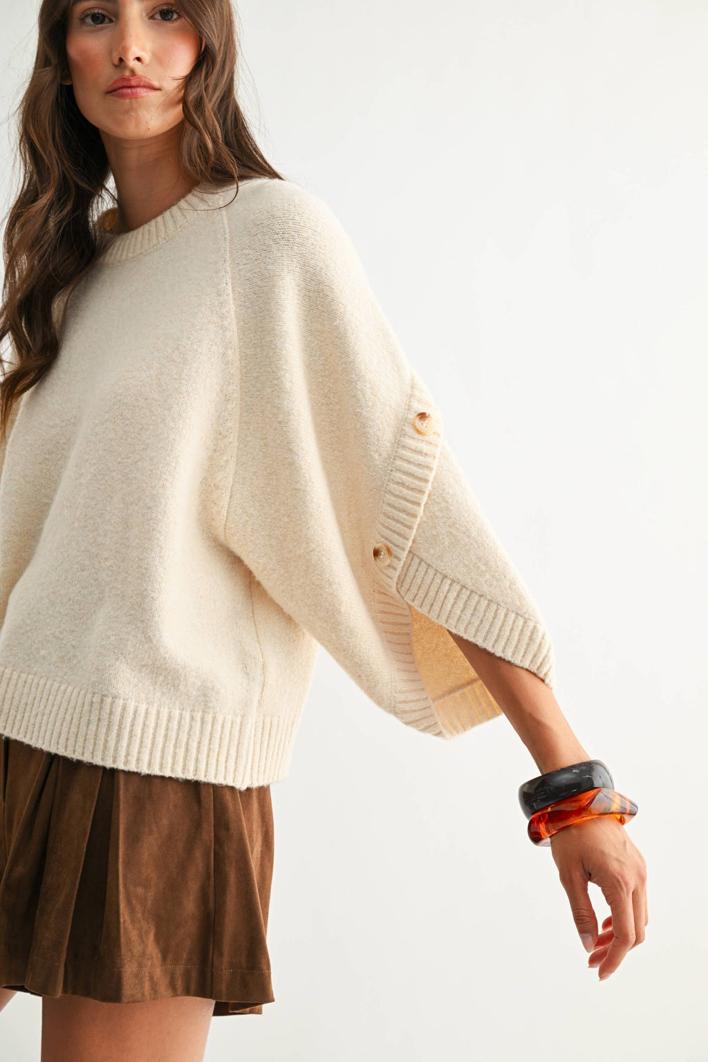 BUTTON SLEEVE KNIT PULLOVER