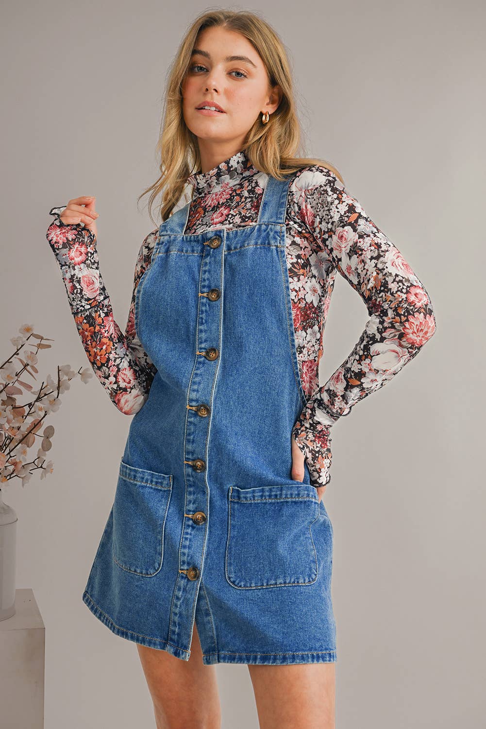 Grace Strap Button Front PocketS Denim Mini Dress