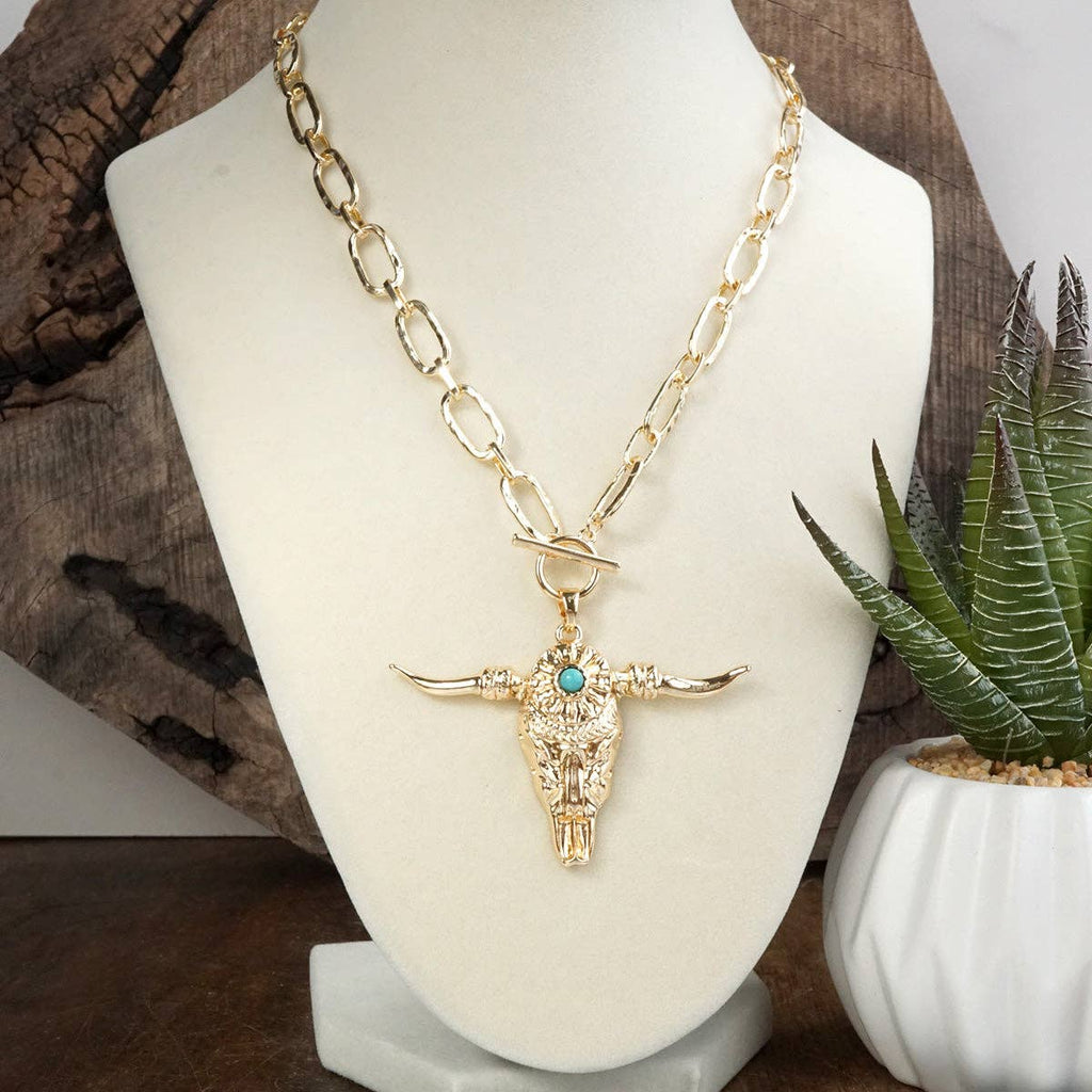 Western Spirit – Hammered Paperclip Chain Necklace with Steer Head Pendant