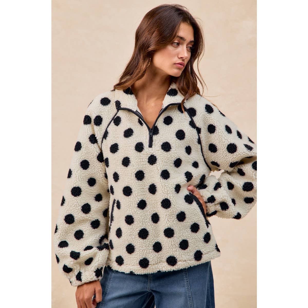 POLKA DOT SHERPA HALF ZIP UP TOP WITH SIDE POCKET