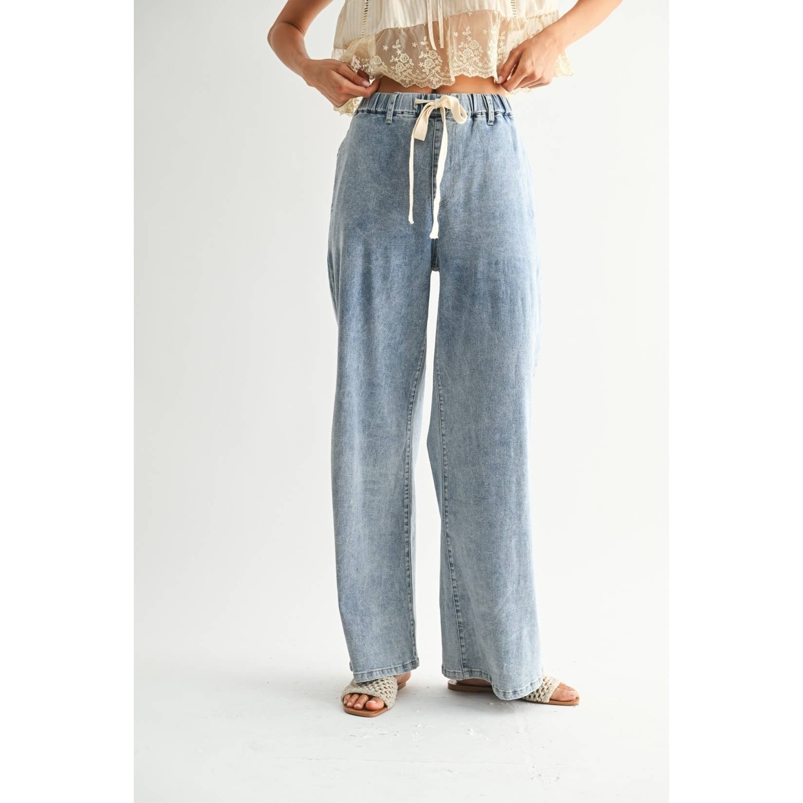 Wide-leg Denim Trousers With Twill Tape Drawstring