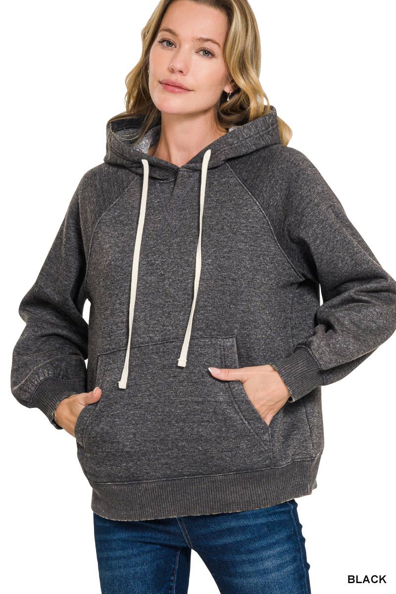 Acid Wash Fleece Hoodie With Pockets