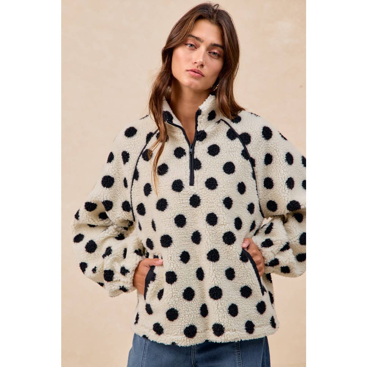POLKA DOT SHERPA HALF ZIP UP TOP WITH SIDE POCKET