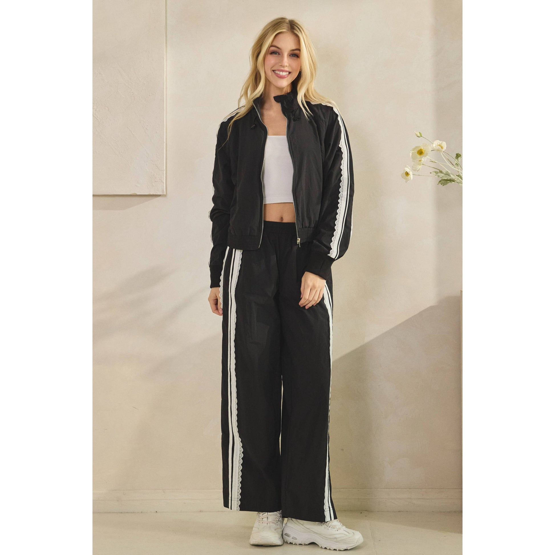 Stripe Nylon Pants with Lace Details