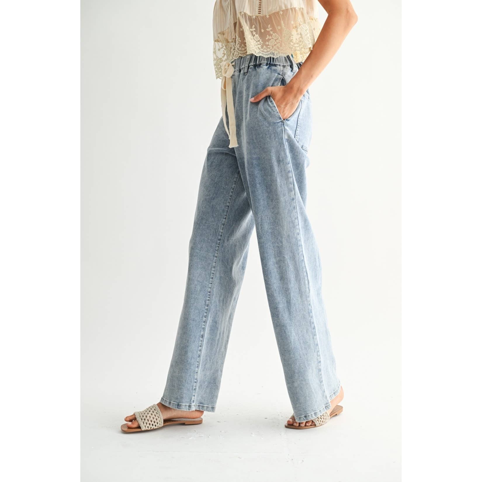 Wide-leg Denim Trousers With Twill Tape Drawstring