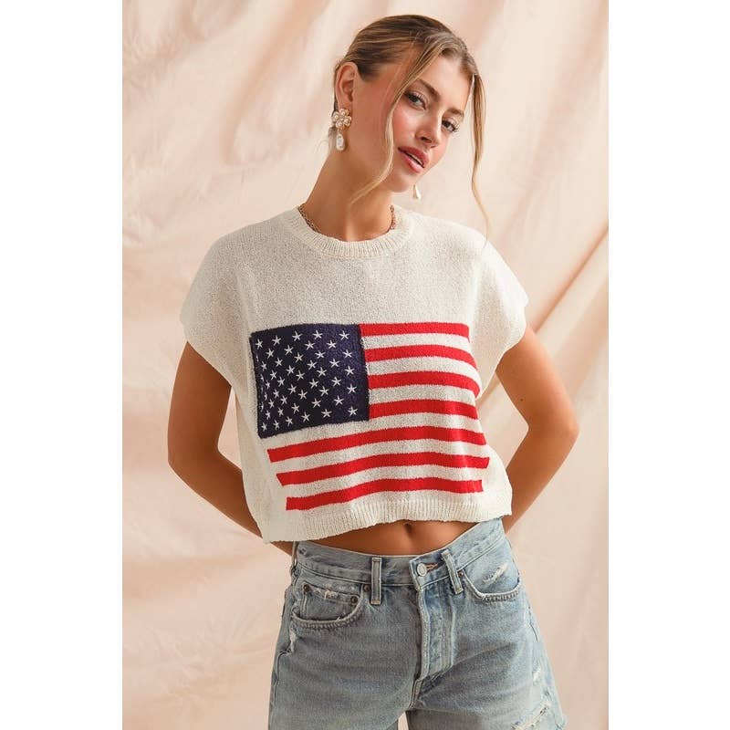FOURTH OF JULY AMERICAN FLAG BOXY FIT SWEATER TOP