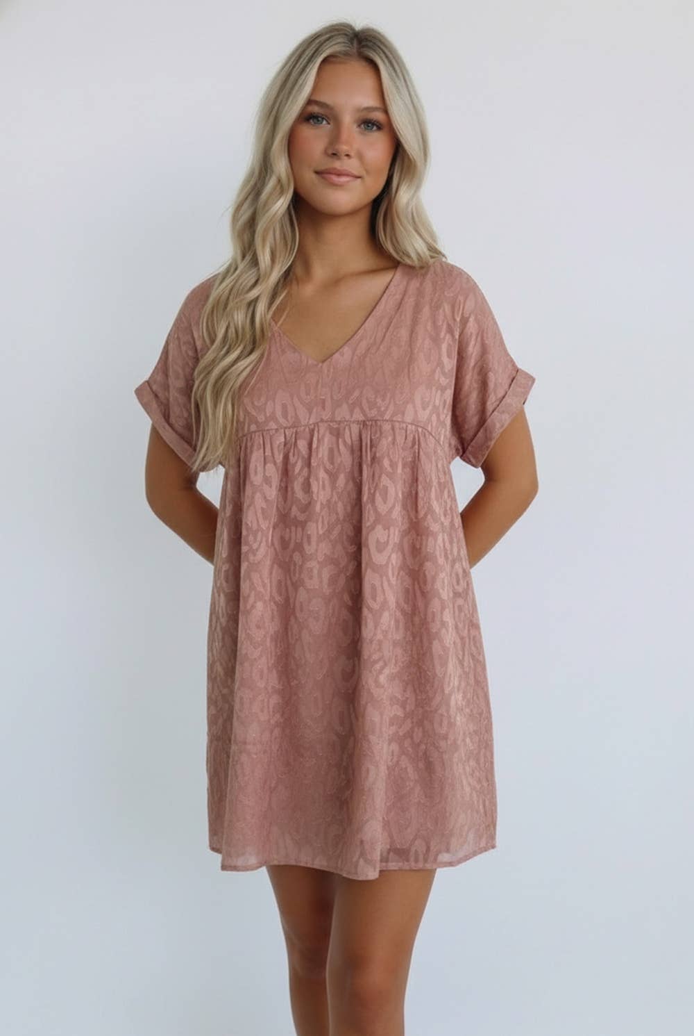 ANIMAL PRINT JACQUARD V NECK BABYDOLL DRESS