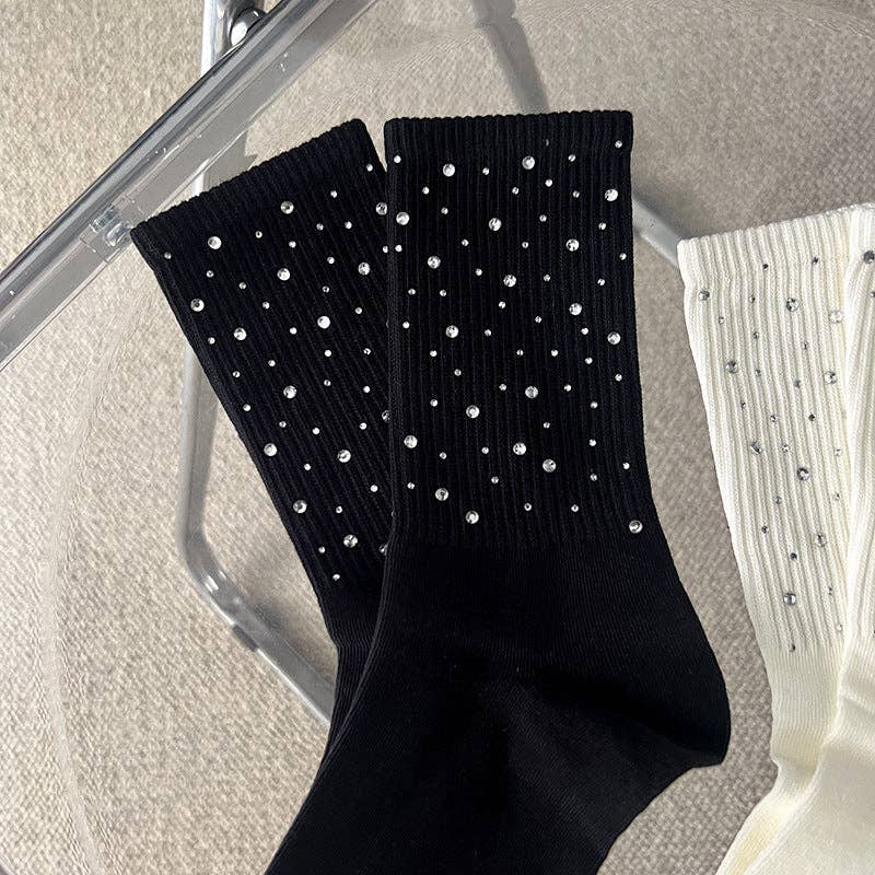 Rhinestone Ribbed Simple Cotton Socks