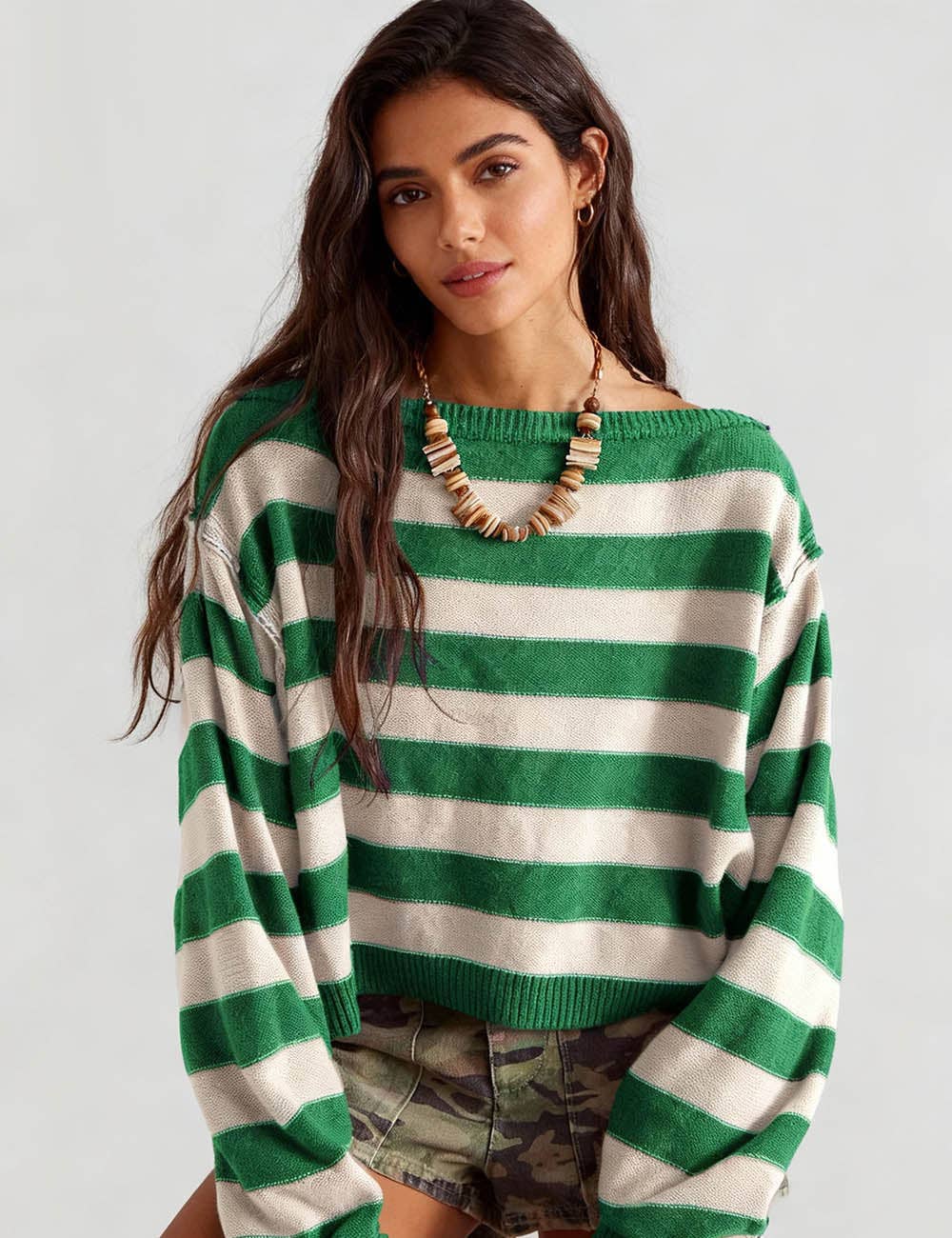 Ladies Striped Knit Round Neck Long Sleeves Knit Sweater