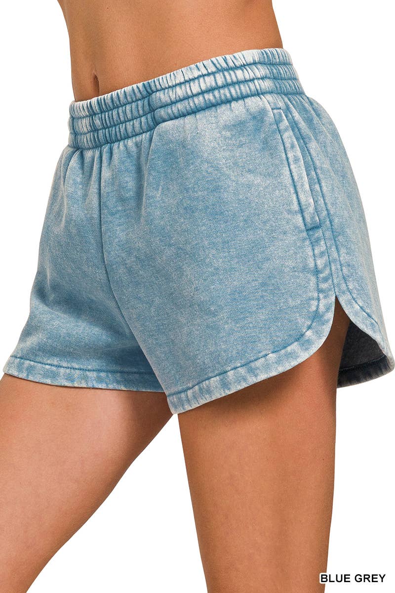 .Acid Wash Elastic Waistband Fleece Shorts