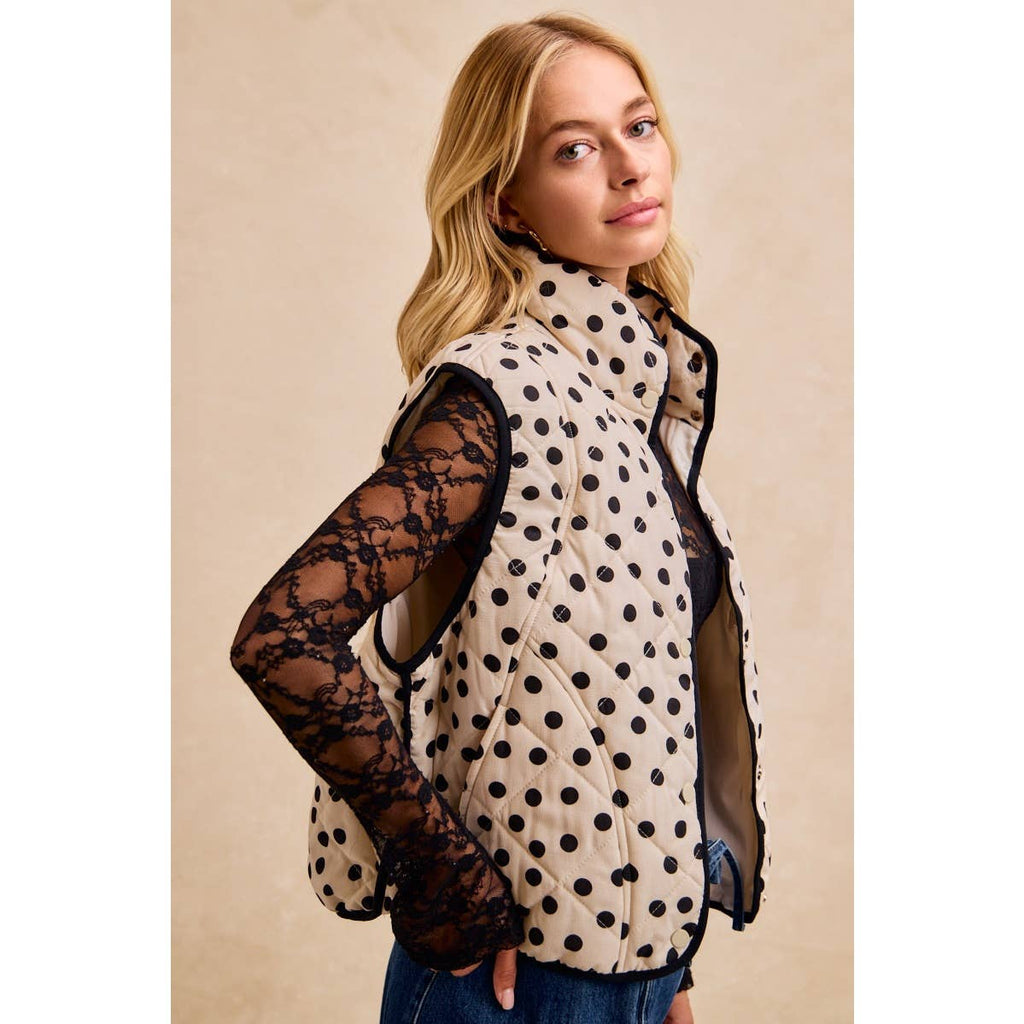 POLKA DOT PRINT PIPING DETAIL QUILTED VEST