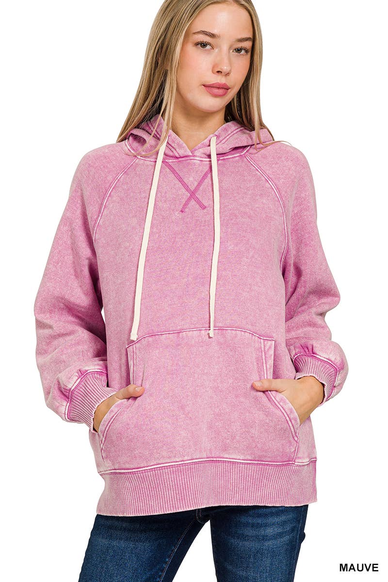 Acid Wash Fleece Hoodie With Pockets