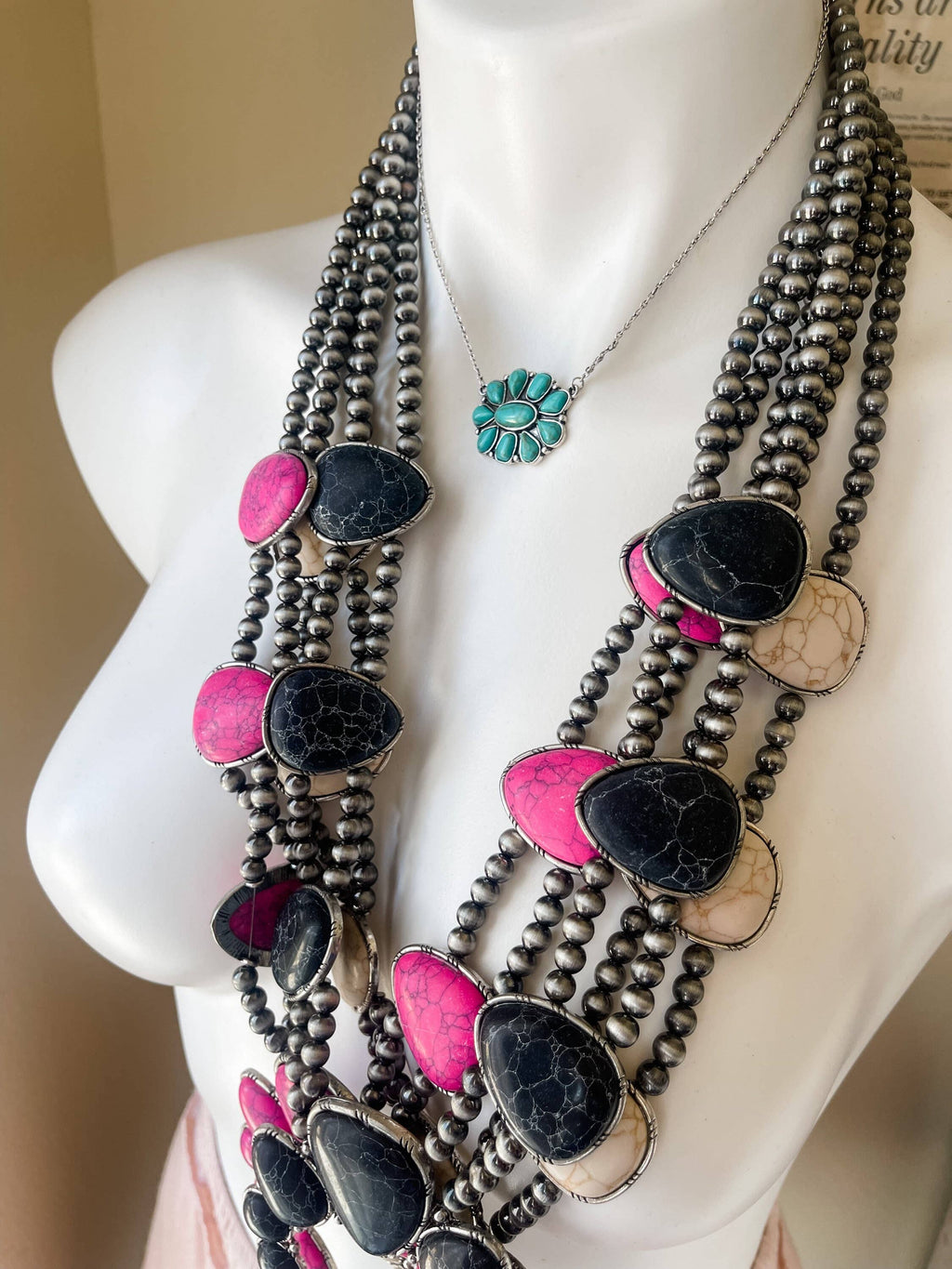 Semi Stone Concho Squash Blossom Pendant Necklace - Small