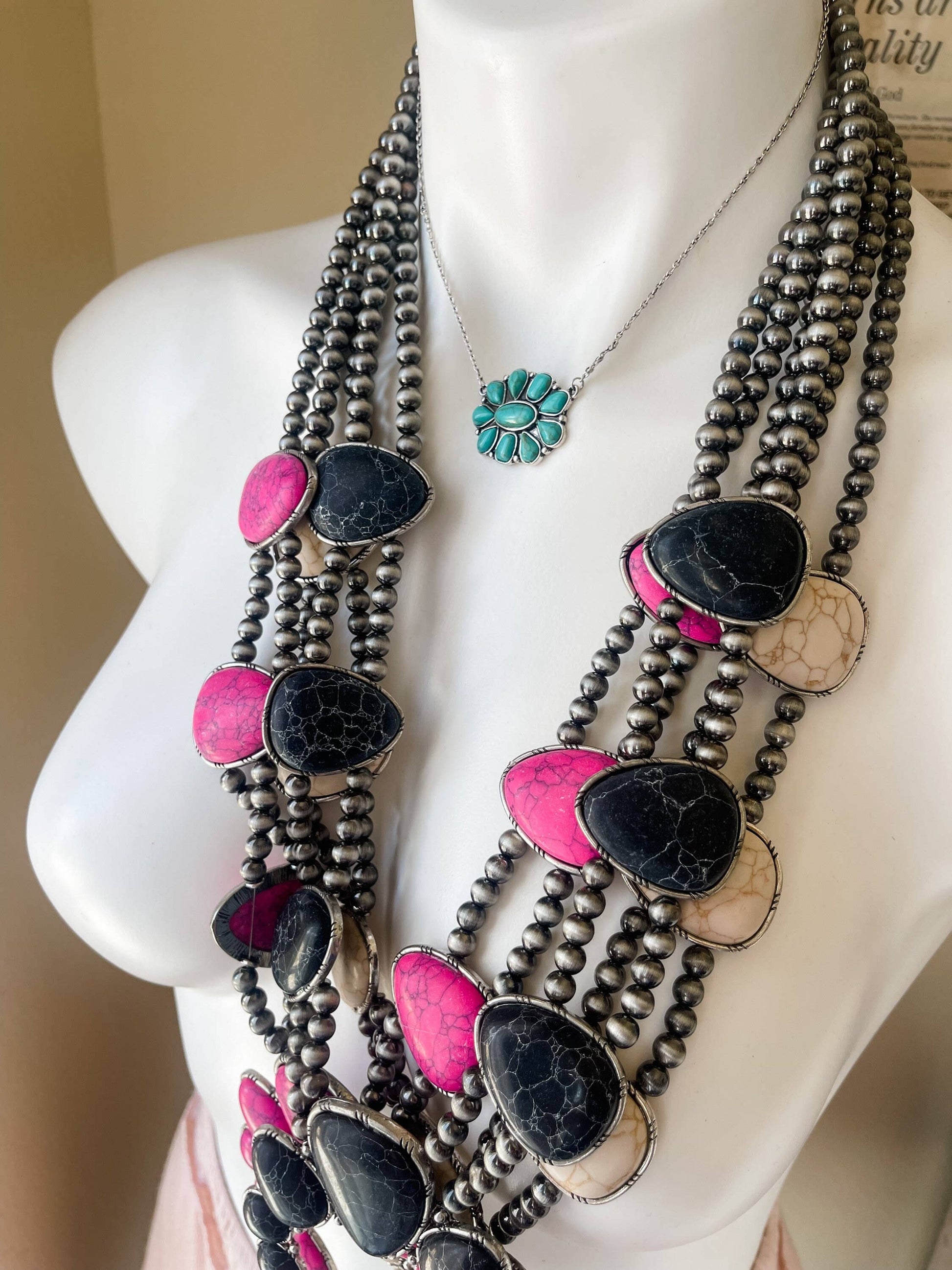 Semi Stone Concho Squash Blossom Pendant Necklace - Small