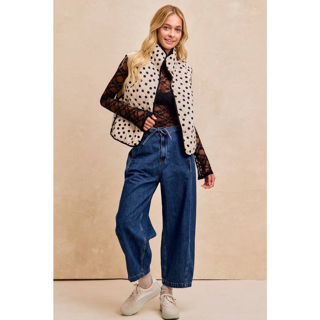 POLKA DOT PRINT PIPING DETAIL QUILTED VEST