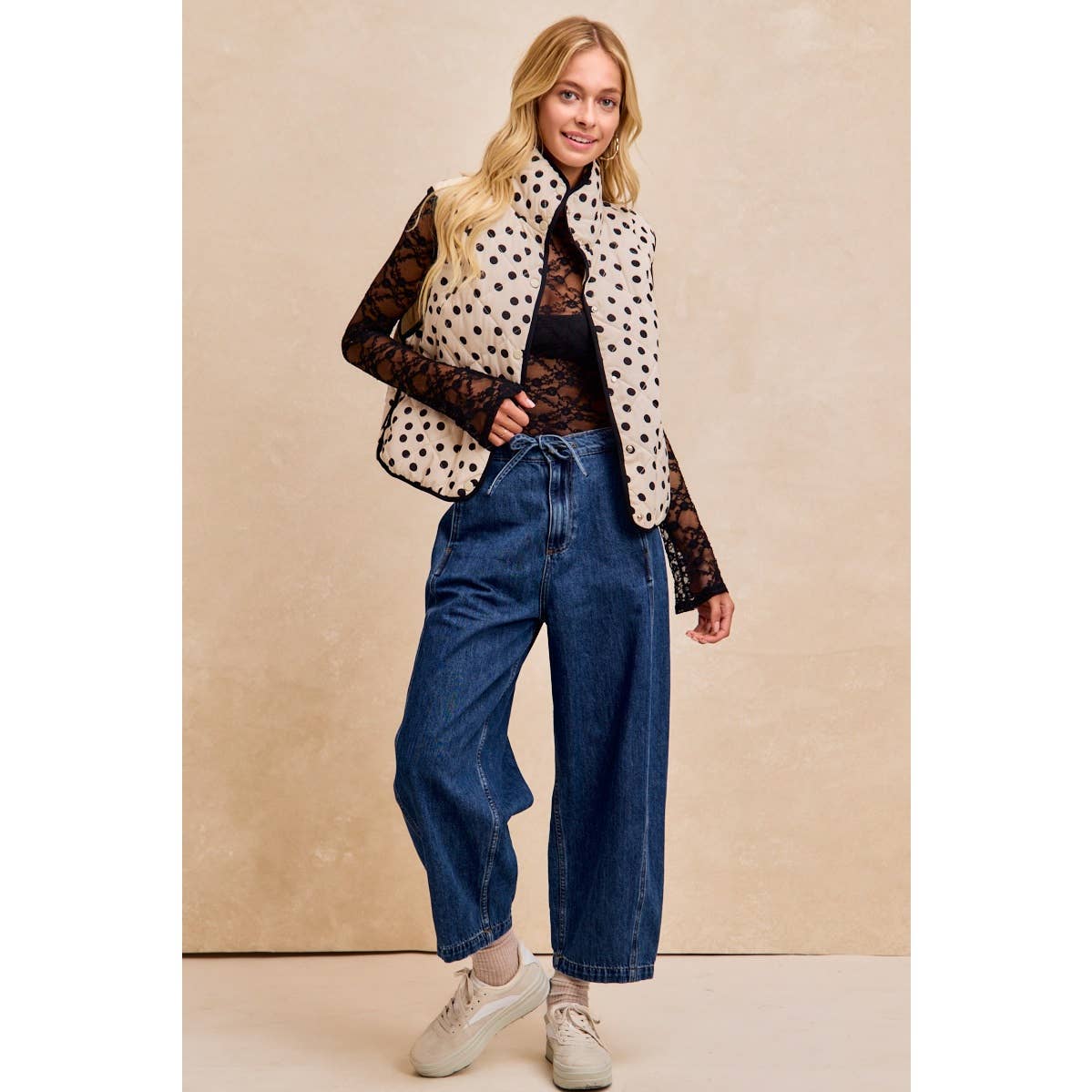 POLKA DOT PRINT PIPING DETAIL QUILTED VEST