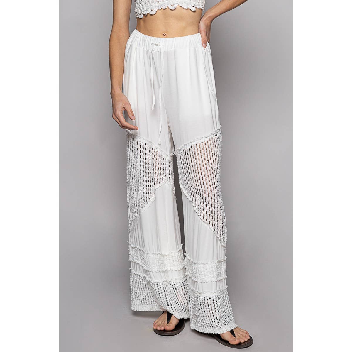 Contrast see through elastic waist knit culottes pants