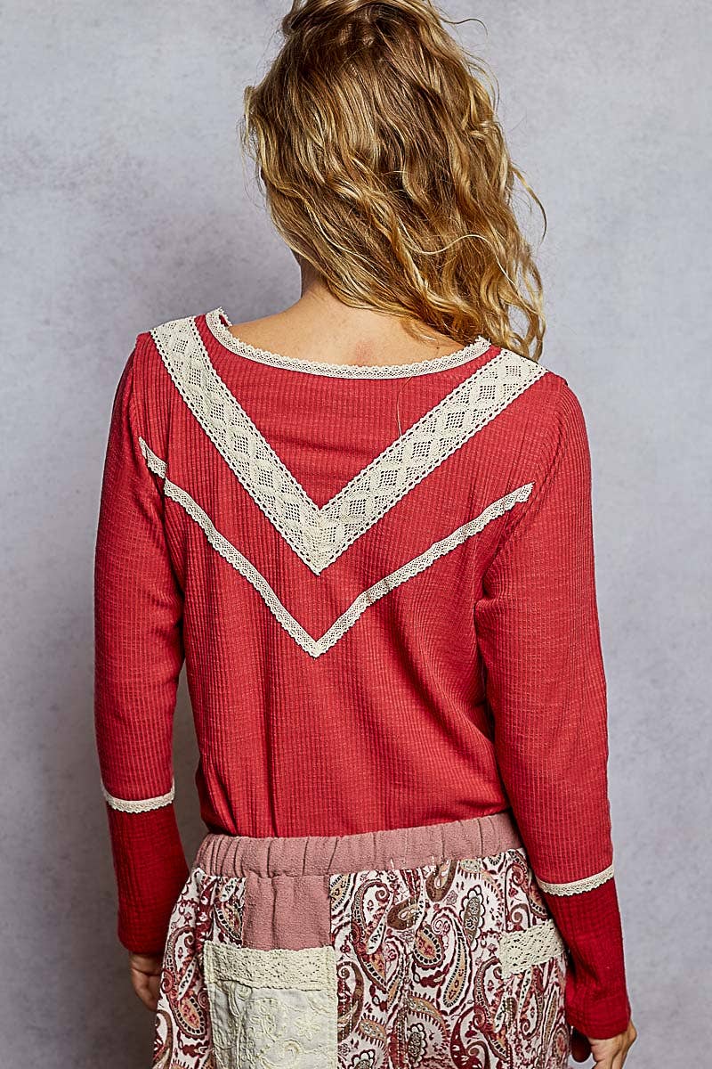 Long sleeve double gauze solid knit rib top