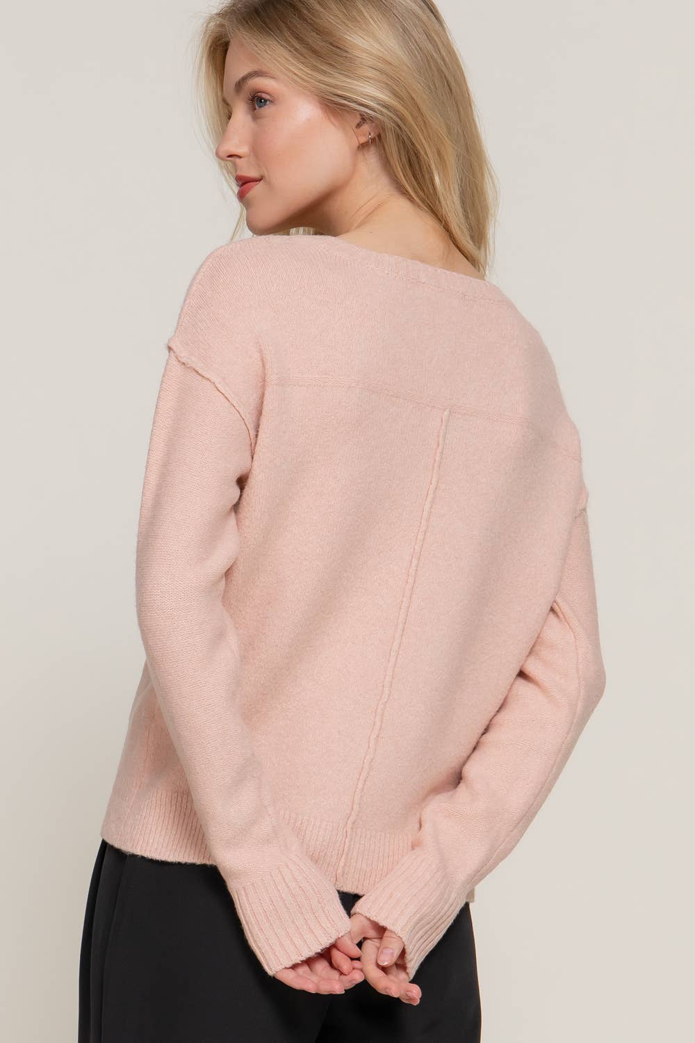 Long Sleeve V-Neck Raised Seam Detail Sweater